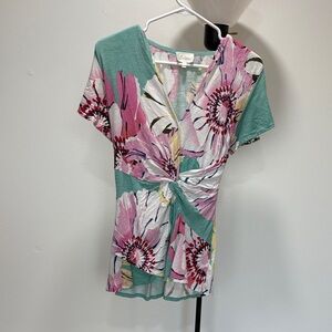 Deletta Floral V-Neck Blouse - Pink, Green, and White